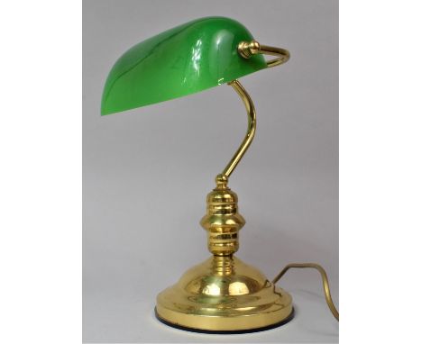 A Modern Brass Desktop Adjustable Lamp with Green Opaque Glass Shade, Working Order, 37cm high 