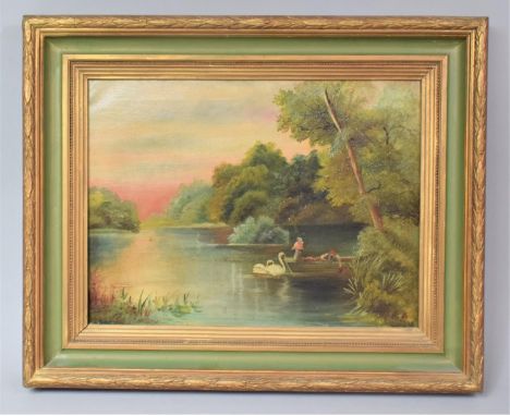 A Late 19th Century Framed Oil on Canvas Depicting Swans on Lake with Figures, 53x42cm Signed M B Pugh 