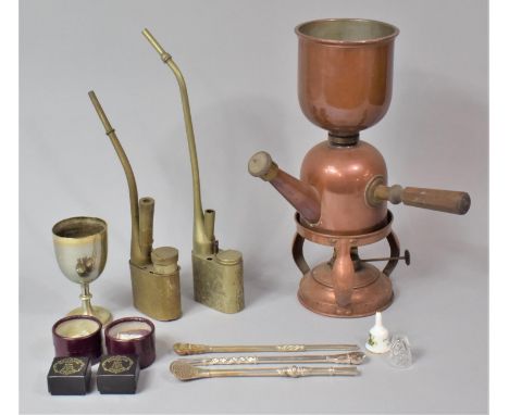 A Vintage Copper Spirit Kettle, Chinese Pipes, Ceramic Thimbles etc 