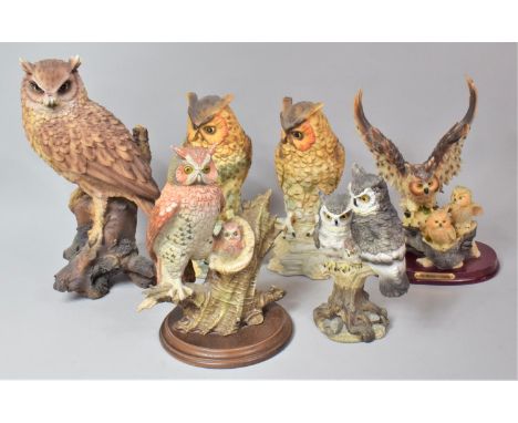 A Collection of Six Various Resin and Ceramic Long Eared Owls 