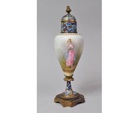 A French Gilt Bronze Champleve Enamel and Porcelain Garniture Vase, Probably Late 19th/early 20th Century of Tapering Inverte