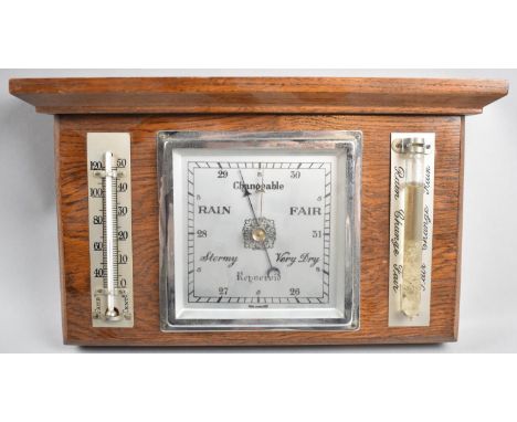 A Mid 20th Century Oak Wall Hanging Weather Station with Reyneroid Barometer, Thermometer and Fair/Rain Tube, 32.5cm wide 
