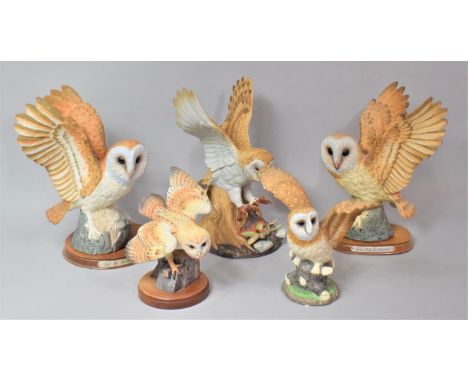 A Collection of Five Ceramic Owl Ornaments to Include Examples by Lladro Collection, One Wing Glued 