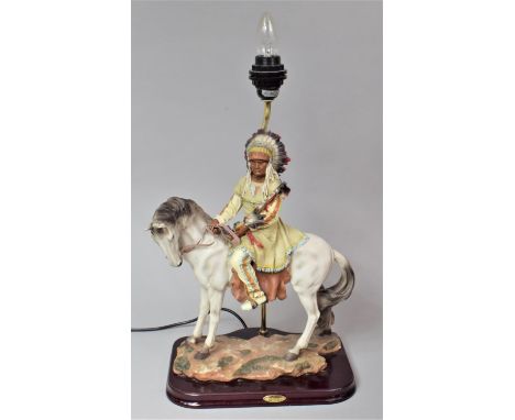 A Large Novelty Table Lamp in the Form of a Mounted Native American Chief by the Academy Collection, No Shade, Mahogany Plint