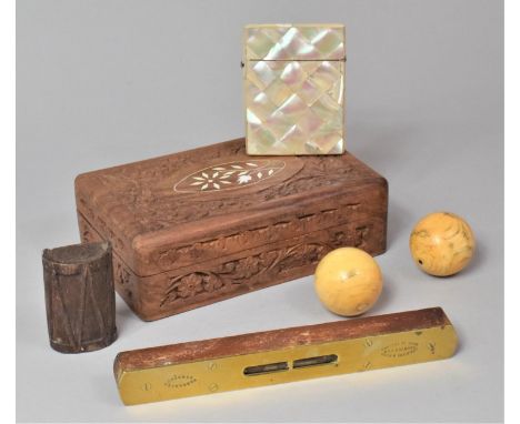 A Vintage Brass Mounted Spirit Level by Rabone Together with an Indian Carved and Inlaid Box Containing Mother of Pearl Card 