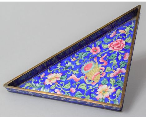 An 18th/19th Century Chinese Triangular Enamelled Tray on Blue Ground with Floral and Scroll Motif Decoration, 22cm Wide 