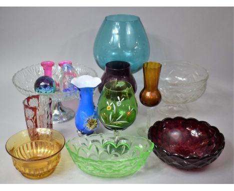 A Collection of Various Coloured and Plain Glass to comprise Cut Glass Centre Bowl, Moulded Glass Tazza, Blue Glass Vase, Mou