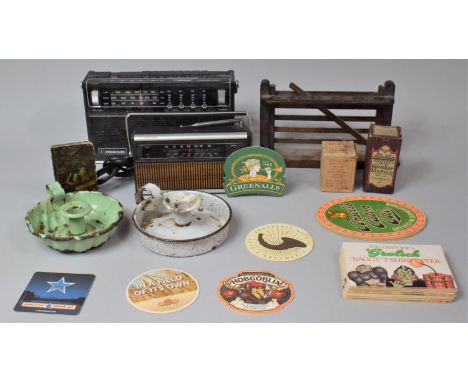 A Collection of Sundries to Include Enamelled Bed Chamber Stick, Two Vintage Radios, Vintage Beer mats, Oak Pipe Rack in the 