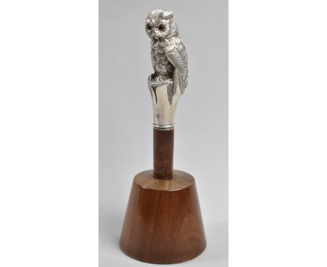 A Very Good Quality American Sterling Silver Walking Cane Handle in the Form of a Long Eared Owl with Red Glass Eyes, Engrave