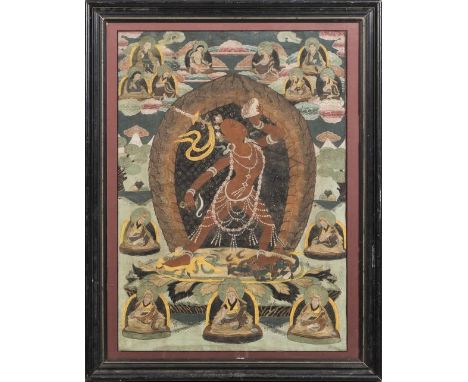 Tangka représentant une Tara rouge Vajrayogini རྡོ་རྗེ་རྣལ་འབྱོར་མ ou 瑜伽空行母 yújiā kōngxíngmǔ ou, sous une autre forme, Vajrav