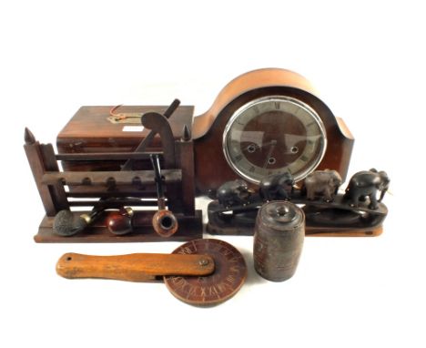 A Victorian workbox, Walnut mantel clock, bridge of elephants and a pipe rack etc