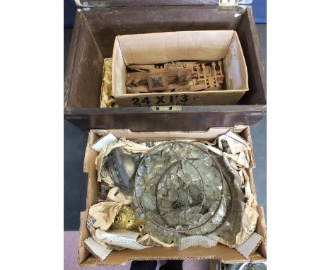 A Victorian Oak and Brass bound box containing Meerschaum pipes, carved wooden Junks and two droplet light fittings