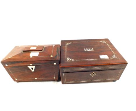 A 19th Century Rosewood and Mother of Pearl tea caddy plus a workbox with stag and floral inlays