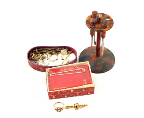A 9ct Gold Amethyst brooch, a 15ct Gold ring (as found) plus costume jewellery etc