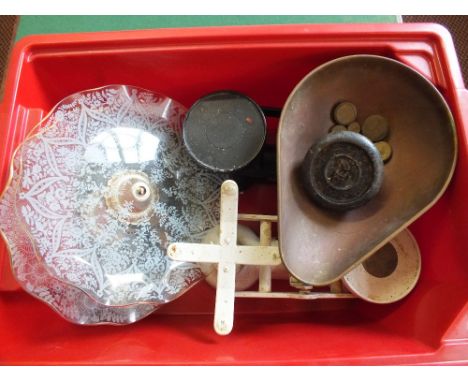 Two pairs of scales and weights plus two glass cake stands