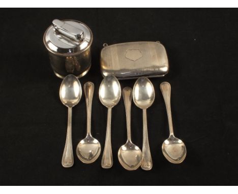 A Silver cigarette lighter, case and five teaspoons