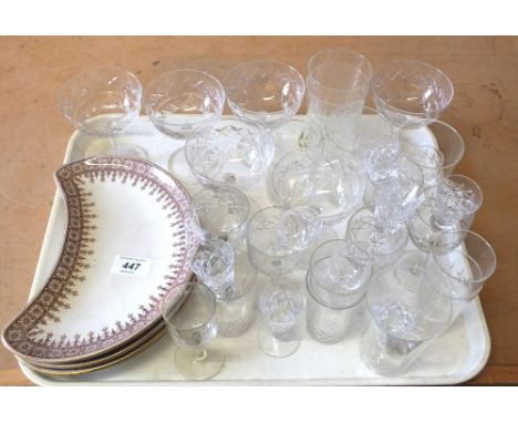 Various cut champagne and other glasses plus Royal Worcester kidney shaped dishes