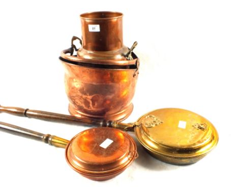 Two warming pans plus a Copper coal helmet and churn