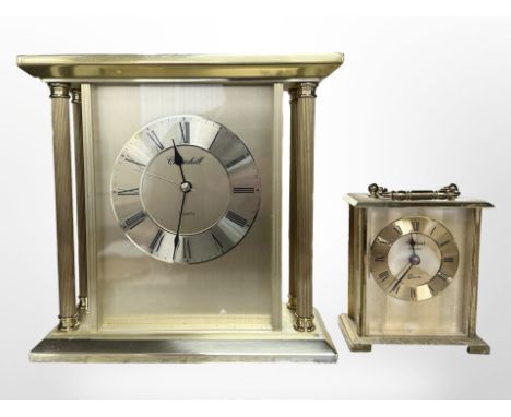 A Churchill gilt metal pillared mantle clock together with a further clock. (2)