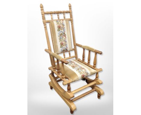 A Danish blond oak rocking chair in studded tapestry fabric, width 60 cm 