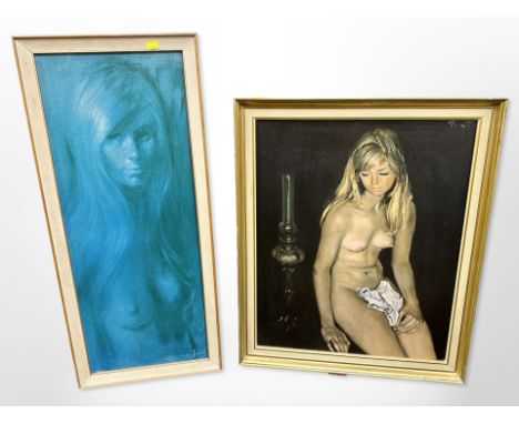 After Pierre Laurent Brenot : La Lampe, colour print, 39 cm x 47 cm, together with another print 'Juliette' after Barry Leigh