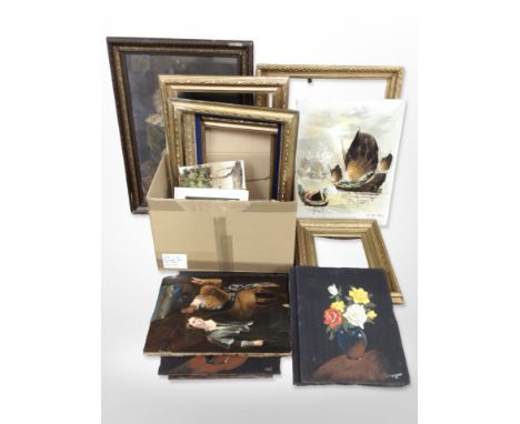 A group of oil paintings, Pears soap print, several antique gilt picture frames, etc. (1 box)