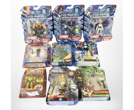 Nine Mattel and other figurines including He-Man, Gormiti, Teenage Mutant Ninja Turtles, etc., boxed.