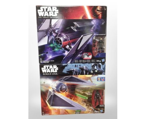 Two Hasbro Star Wars models, First Order Special Forces Tie Fighter, and Tie Striker, boxed.