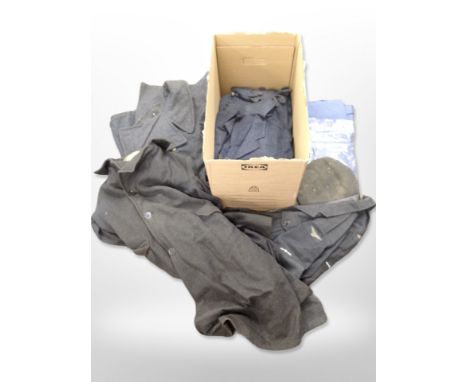 A vintage woollen RAF tunic, woollen overcoats, related clothing. (1 box)