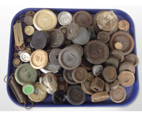 A large quantity of cast-iron weights of various sizes, Salter pocket scale, etc.