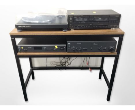 A metal and MDF two-tier stand width 92cm, with an Ariston Q Deck turntable, Technics stereo double cassette deck RS-T230, an