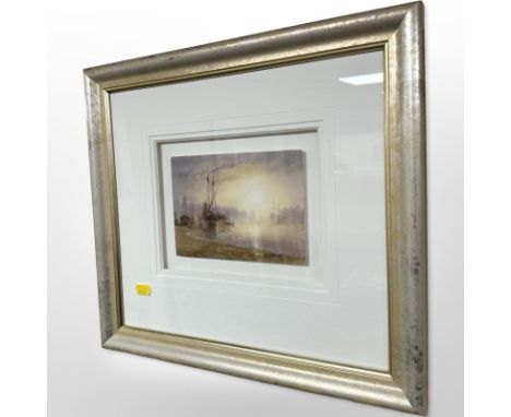 Milwyn Holloway (20th Century) : Shipping at low tide, enamel on porcelain plaque, signed, 13 cm x 18 cm