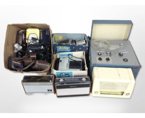 An Aldis colour slide projector, a Soundmaster reel to reel, vintage radio including Roberts, vintage cameras.