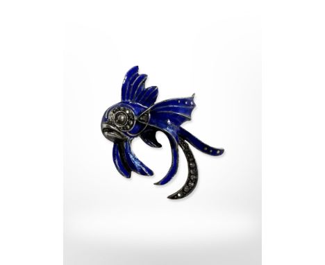 A Sterling silver blue enamel and marcasite brooch modelled as a tropical fish, width 35 mm.