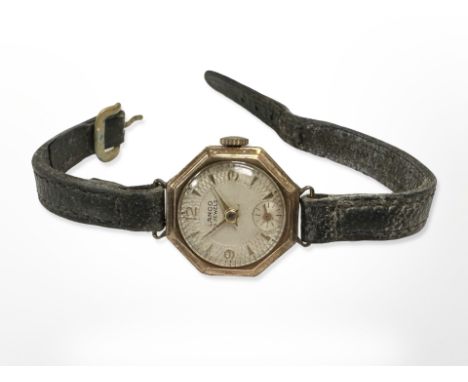A vintage Lady's Lanco wristwatch with 9ct gold case and leather strap