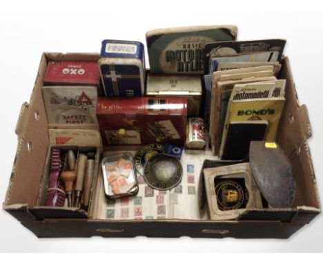 A group of vintage tins including OXO, pastry cutter and other items, stamp book, ephemera, cast-iron cobbler's last, etc. (1