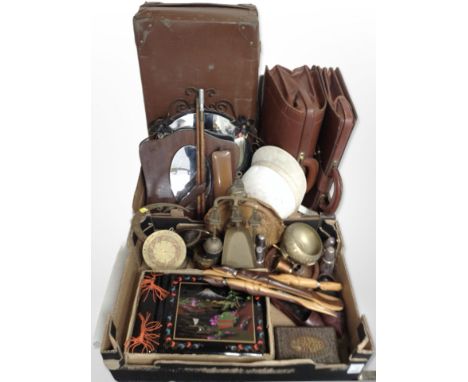 A collection of treen oriental lacquered photo album, wrought-metal framed mirror, vintage leather suitcases, brass miniature