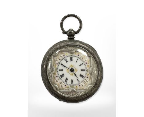 A Continental silver fob watch with enamel dial, diameter 3.5cm.