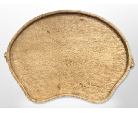 Robert 'Mouseman' Thompson (1876-1955) : An oak kidney-shaped tray with twin mouse signature, width 47 cm.