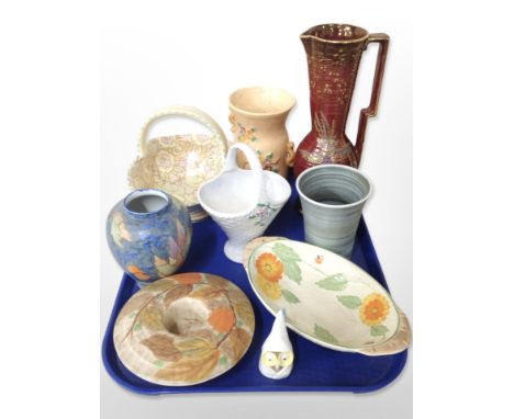 A group of ceramics including Crown Devon vase, Arthur Wood ribbed jug, other Art Deco pottery items including Carlton Ware v