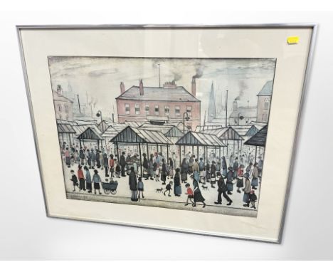 After Laurence Stephen Lowry (British 1887-1976) : Market Scene, Northern Town, colour print, 46 cm x 61 cm 