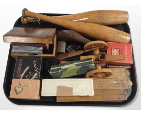 A group of folding rules, Hohner mouth organ, dominoes, pair of turned wooden juggling batons, oak trinket box, Gillette razo