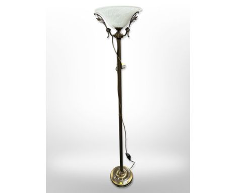 A contemporary brass standard lamp with frosted glass shade, height 170 cm 