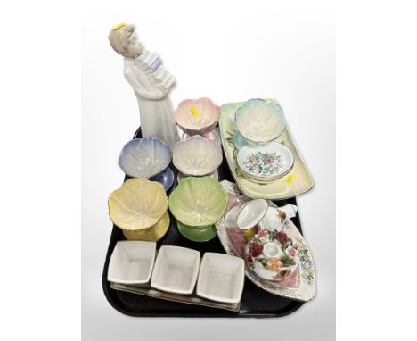 A set of six Maling lustre sundae dishes, gondola bowl, other ceramics including Wedgwood, Nao figure of a boy carrying books