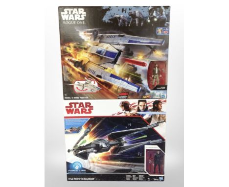 Two Hasbro Disney Star Wars models, Rebel U-Wing Fighter and Kylo Ren's Tie Silencer, boxed.