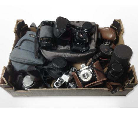 Vintage cameras including Pentax and Agfa, various lenses and camera bags. (1 box)