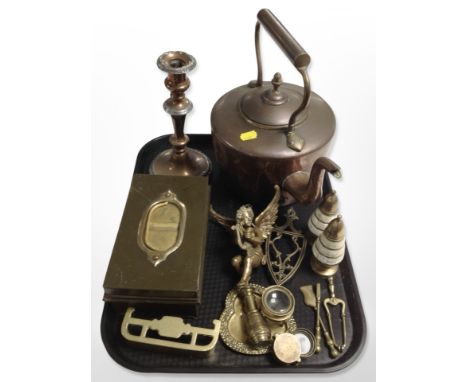 A Victorian copper kettle, copper-plated candlestick, pair of brass and mother of pearl sifters, vintage cash tin, desk magni
