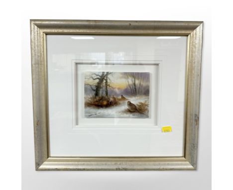 Milwyn Holloway (20th Century) : Pheasants gathering in the snow-covered brush, enamel on porcelain plaque, signed, 13 cm x 1