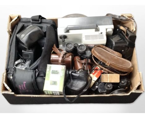 A group of vintage binoculars including Bausch & Lomb, cameras including Mamiya, accessories, Eumig projector, etc. (1 box)