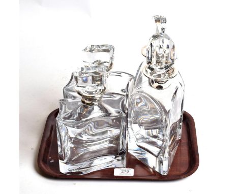 A pair of Elizabeth II silver-mounted Bohemian glass decanters, the mounts by Laurence R. Watson, Birmingham, 2009, shaped ob